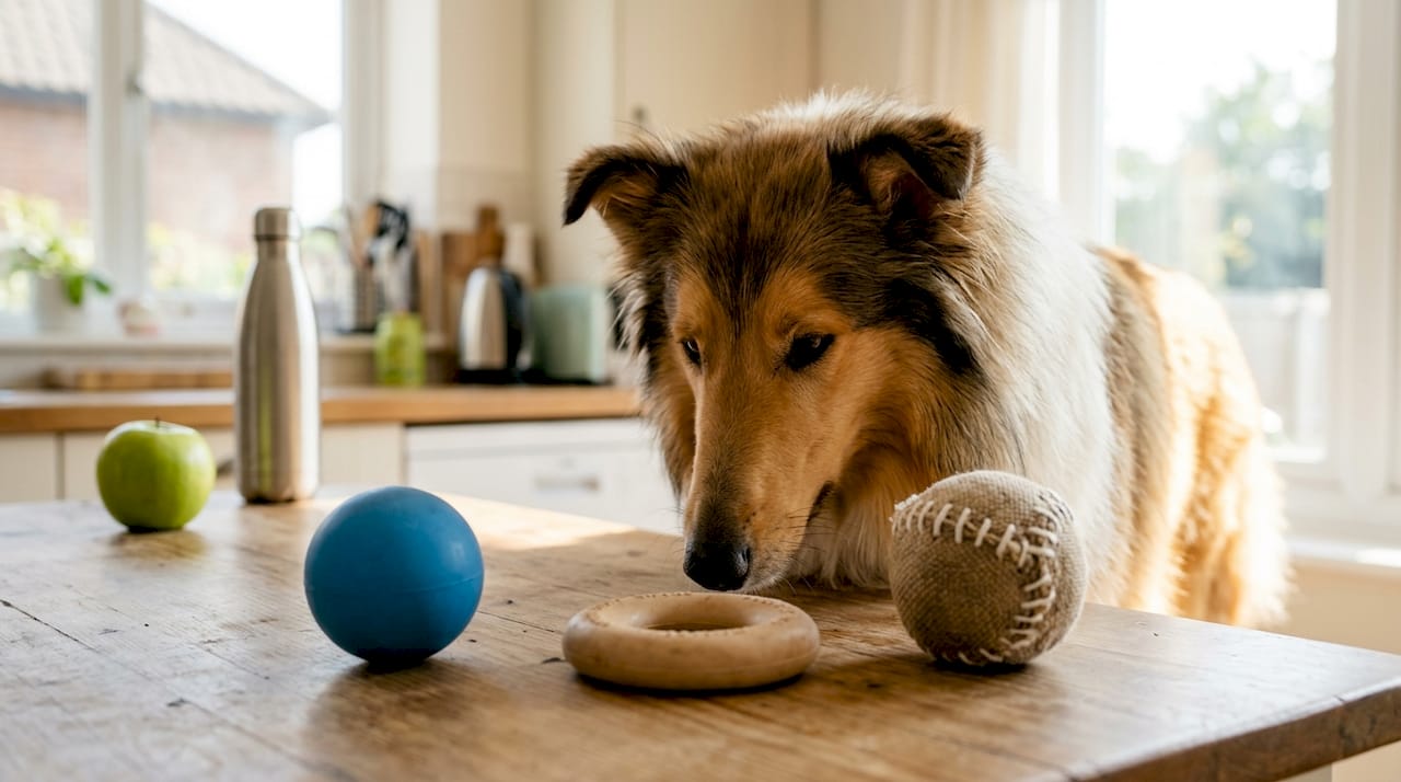 Vores hund snuser nysgerrigt til det hypoallergene legetøj, der ligger på køkkenbordet.
