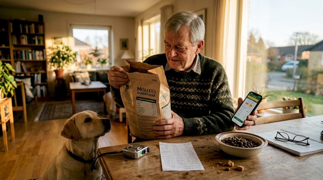 Mand tjekker og sammenligner næringsindholdet i forskellige typer hundemad