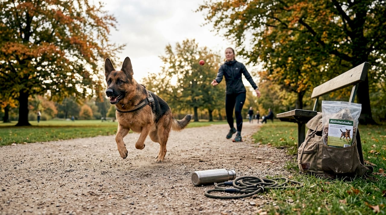 En energisk hund spæner glad rundt i parken og leger