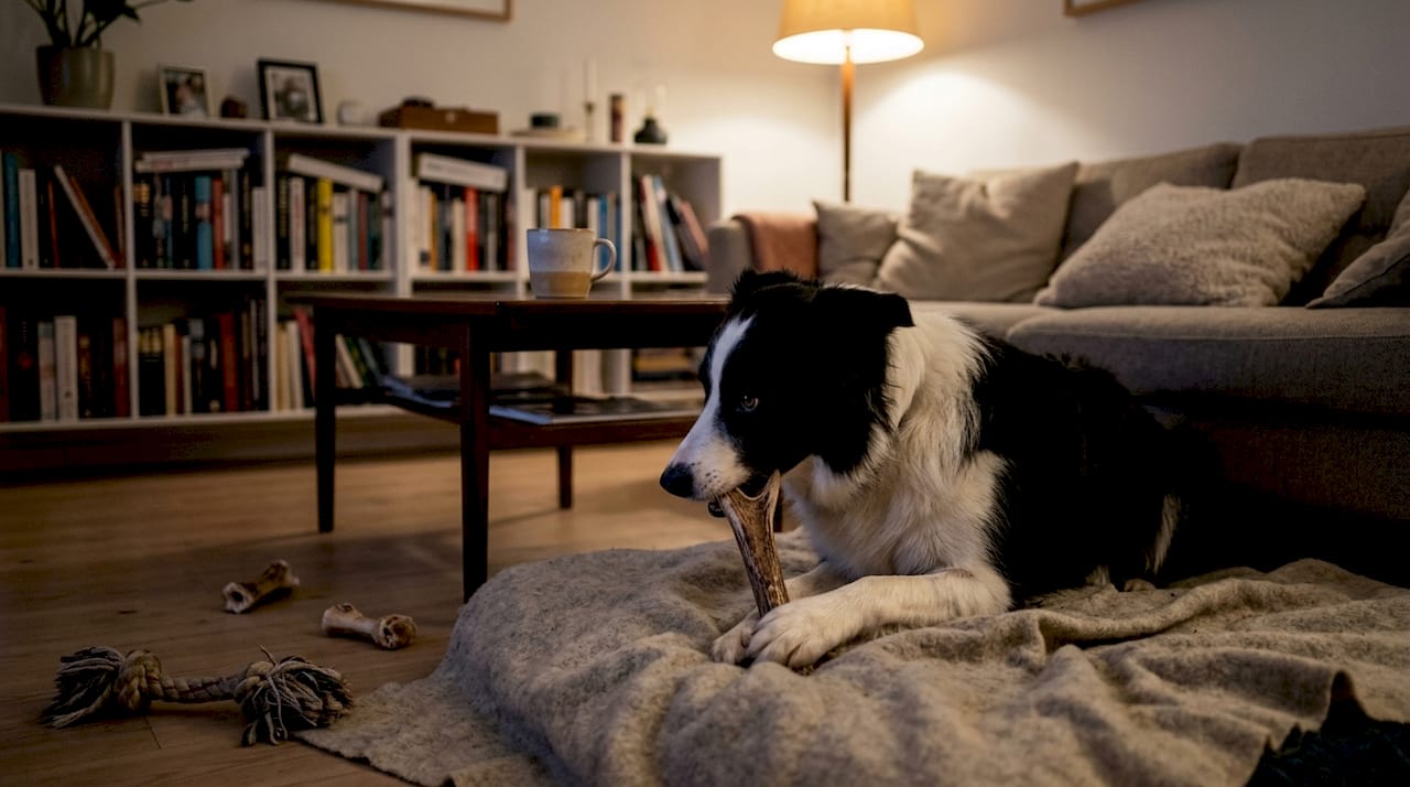 En border collie ligger på stuegulvet og gumler på et gevir.