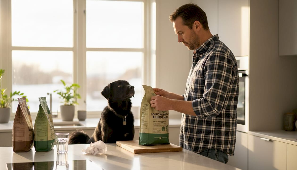 Hundeeier sjekker innholdsfortegnelsen på allergivennlig hundemat