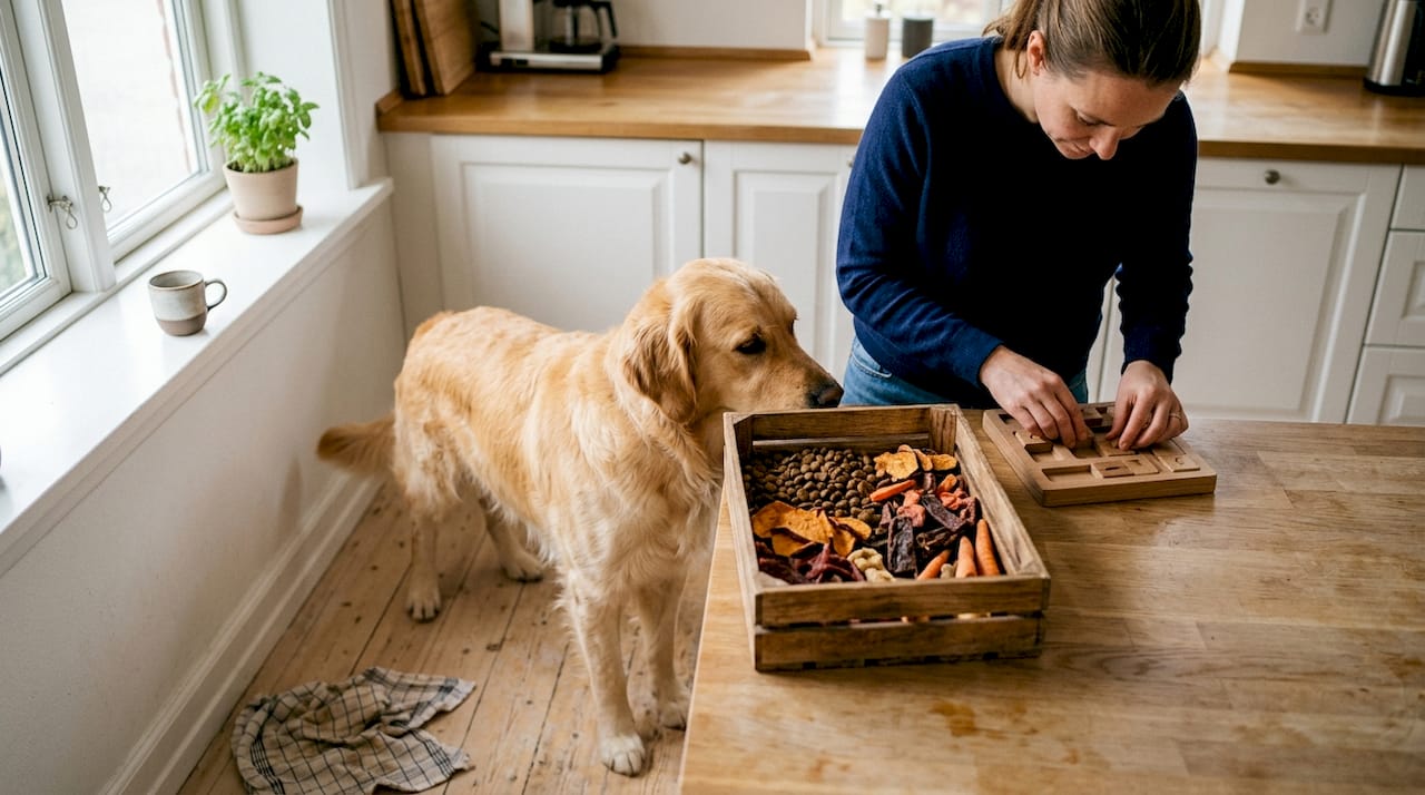 Hunden tumler rundt og får lidt godt at spise i køkkenet.