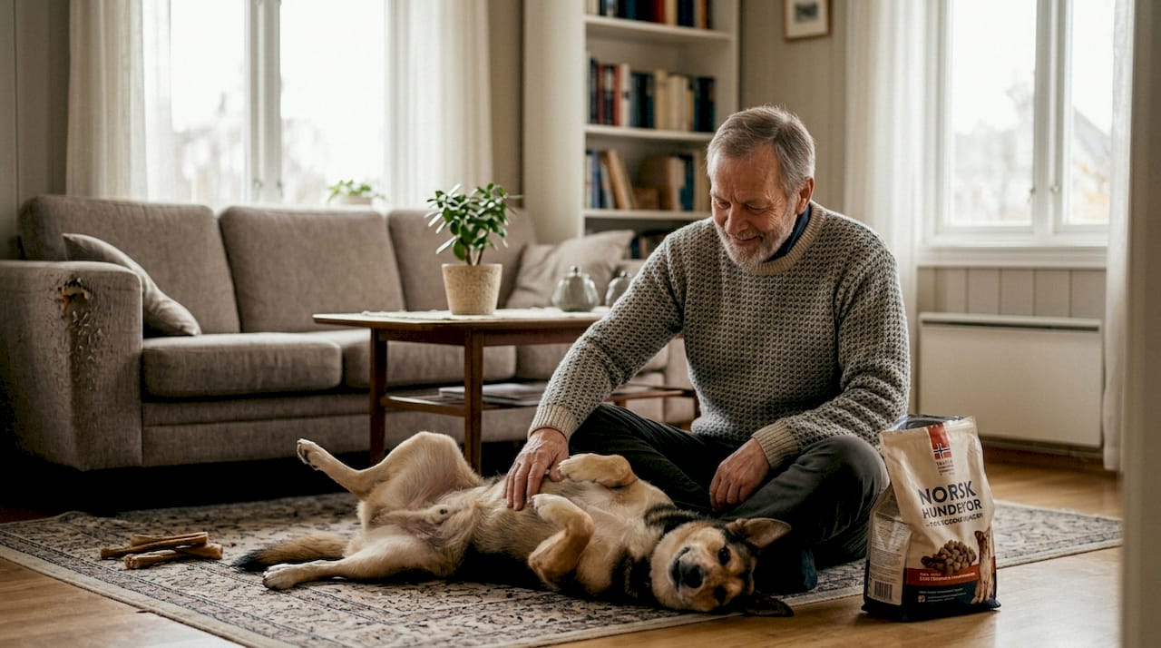 En hund og eieren nyter en hyggelig stund sammen i en stue preget av god atmosfære og sunnhet.