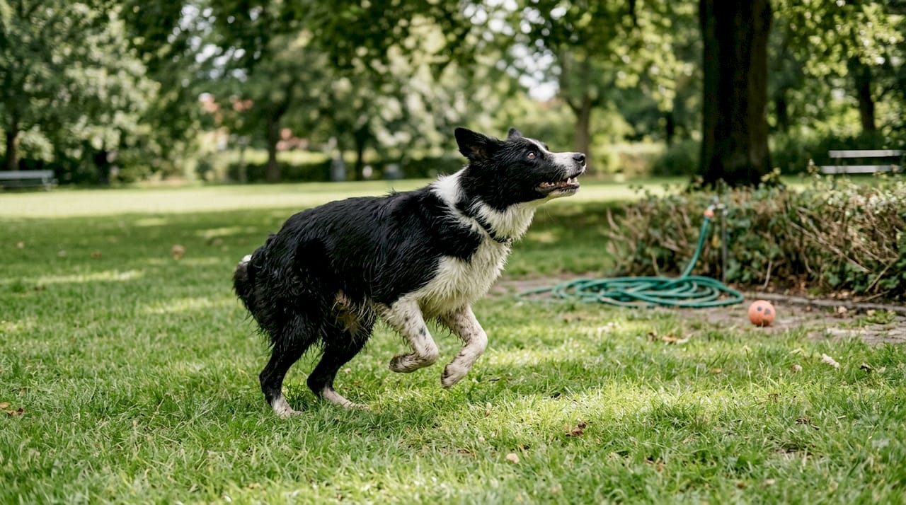 En border collie får brændt energi af på en frisk løbetur i parken.