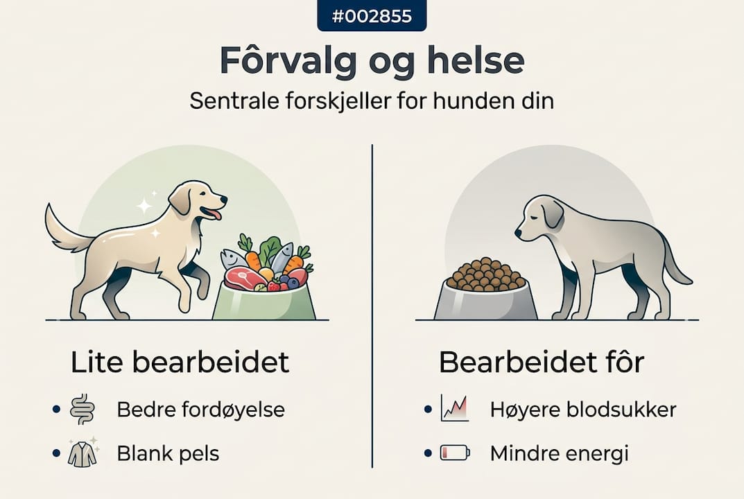 Infografikk som viser forskjellen mellom naturlig hundemat og industrielt bearbeidet fôr