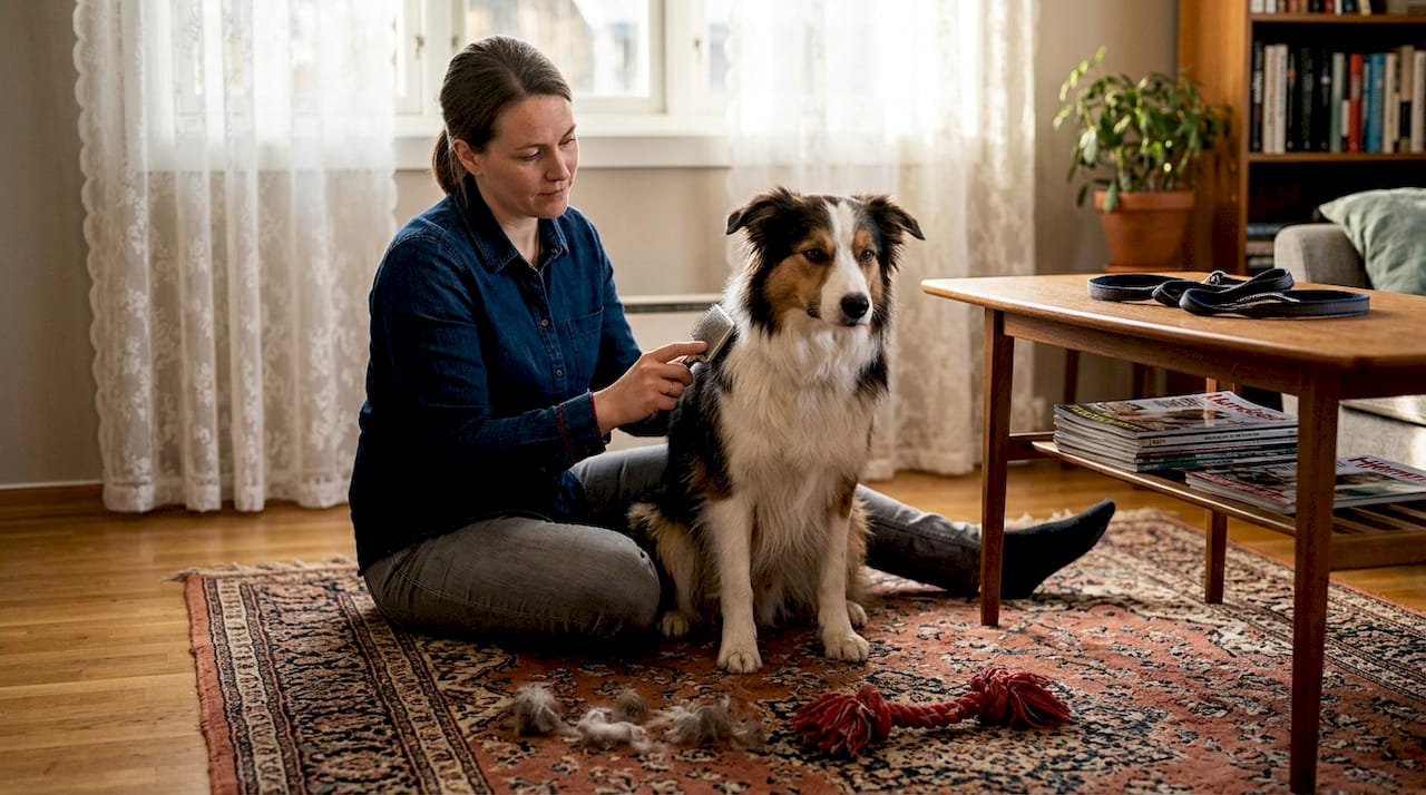 En hundeeier børster den friske og blanke pelsen til hunden sin hjemme.