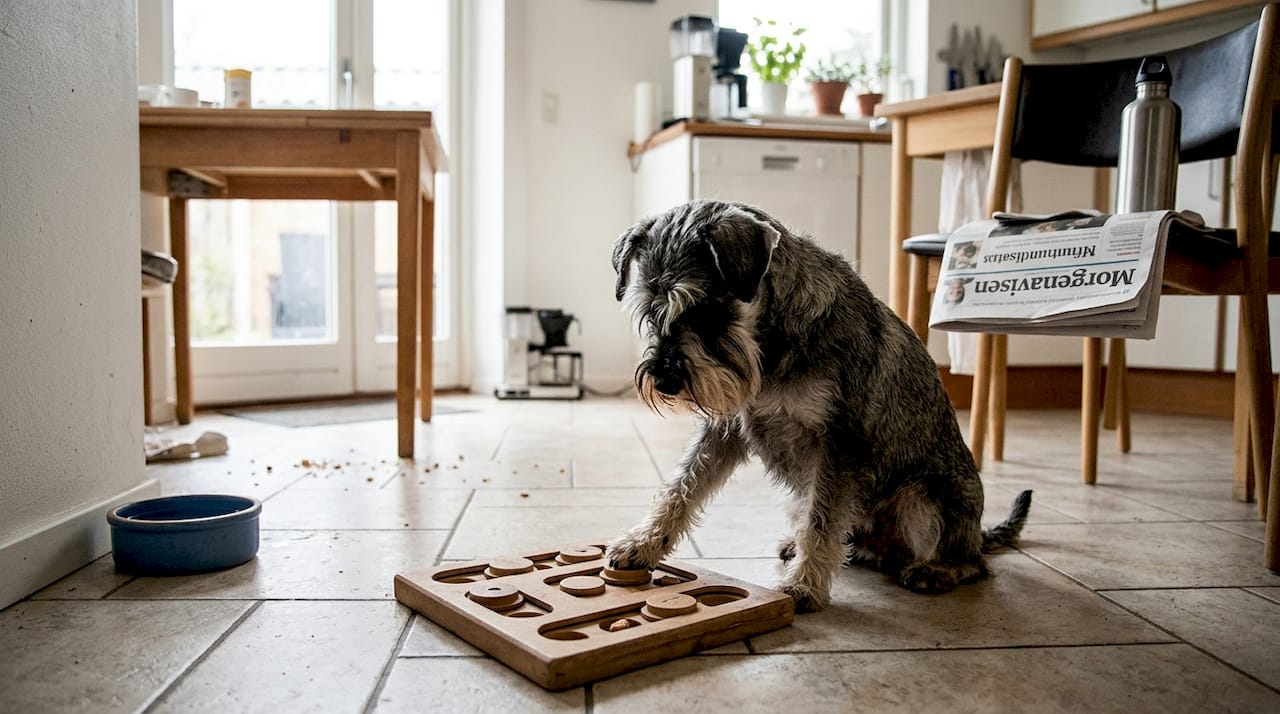Schnauzeren bruger sin pote til at lege med et træpuslespil