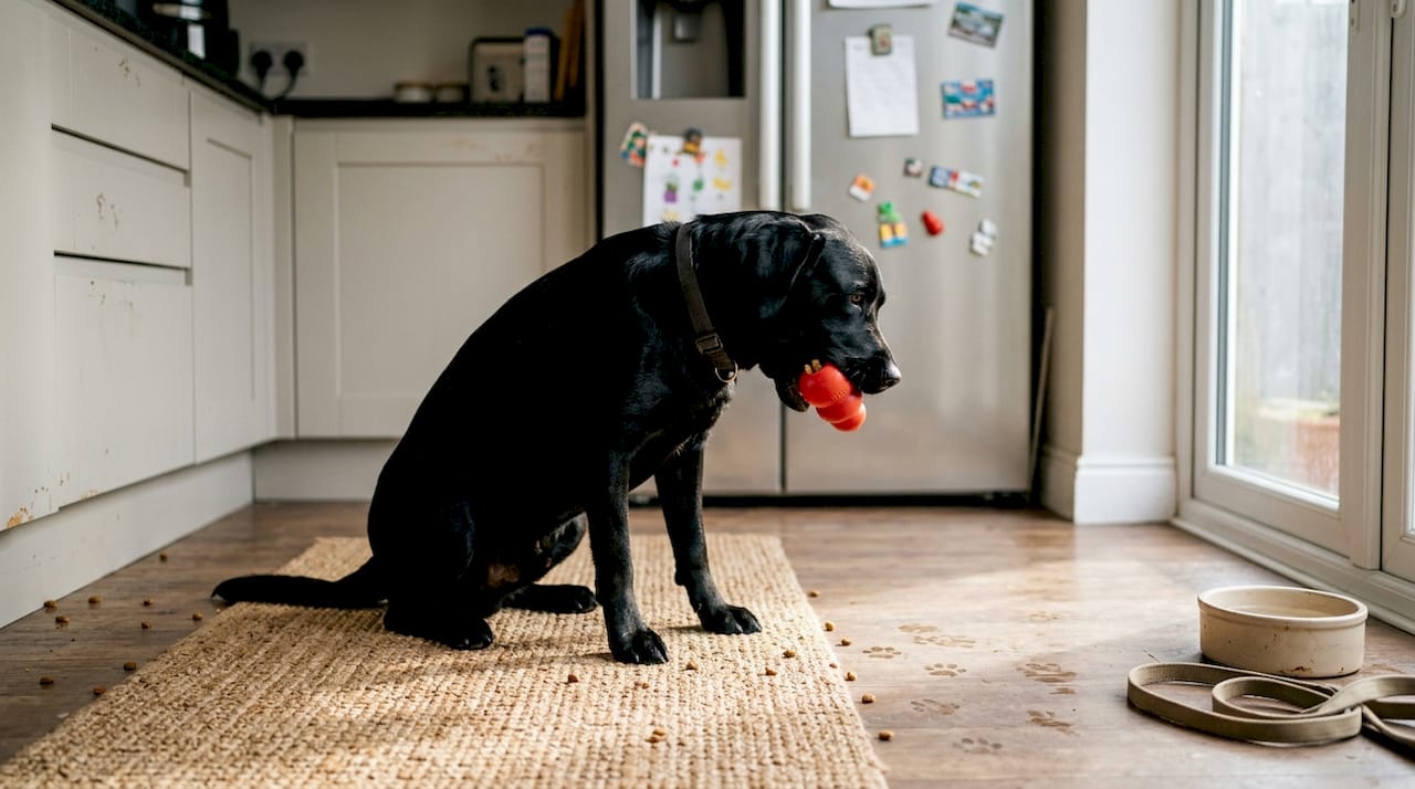 I køkkenet ligger vores labrador og hygger sig med sin KONG-legetøj, som den tygger ivrigt på.