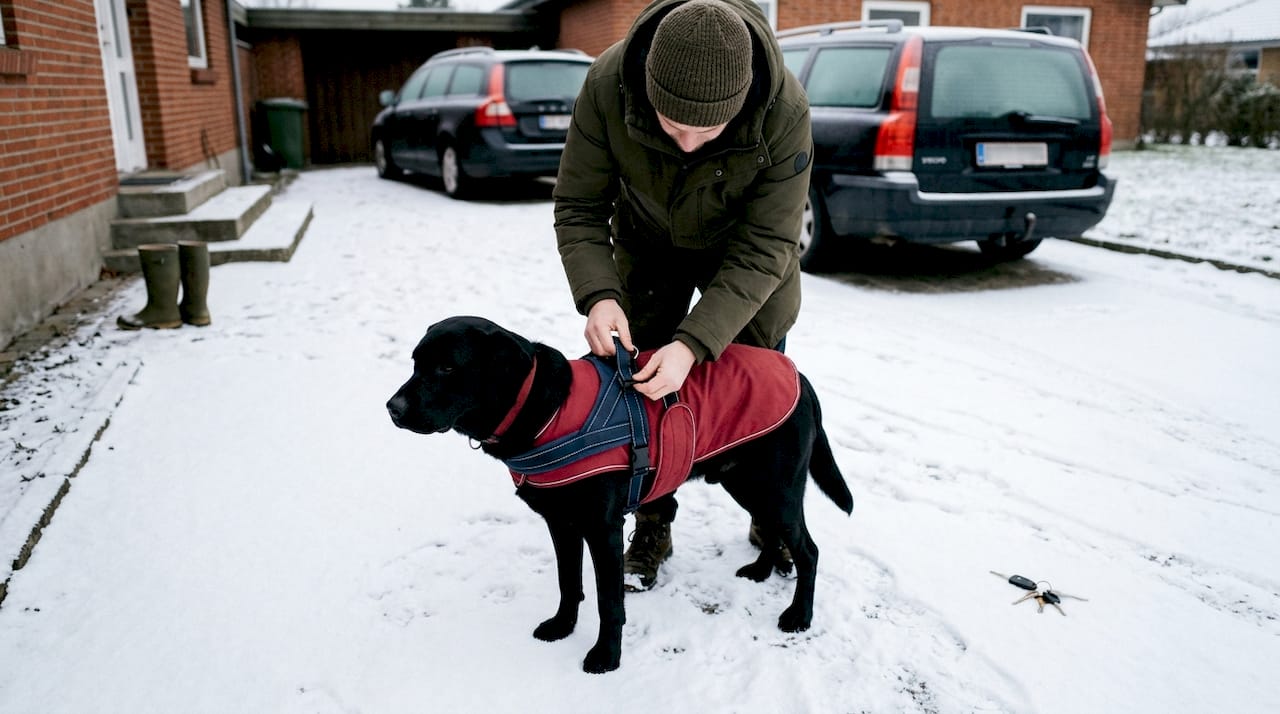 Hunden får spændt selen udenpå vinterjakken