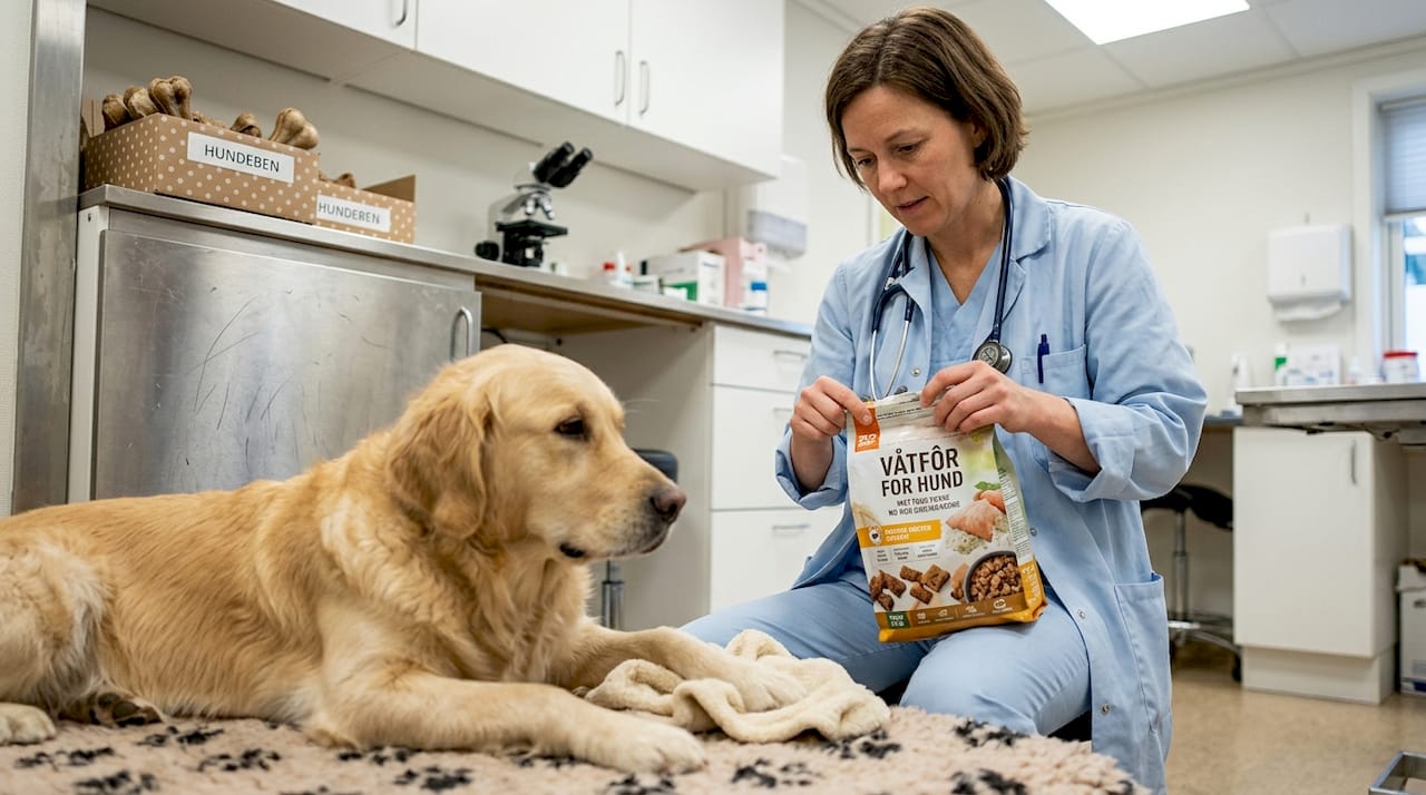 En veterinær vurderer kvaliteten på våtfôr til hunder