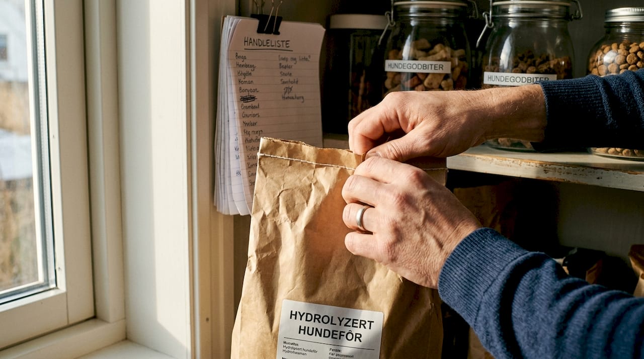 Hender som åpner en pose med hydrolysert hundemat