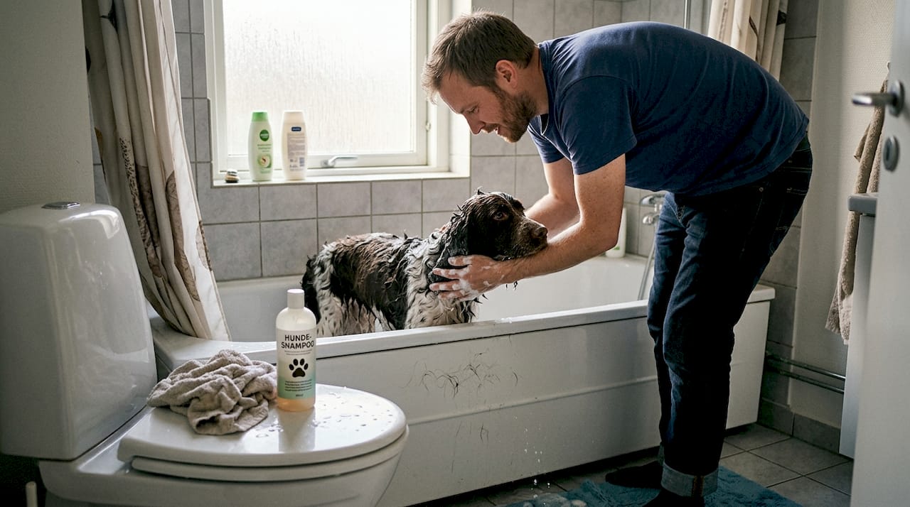 En mand vasker sin spaniel med hundeshampoo inde på badeværelset.