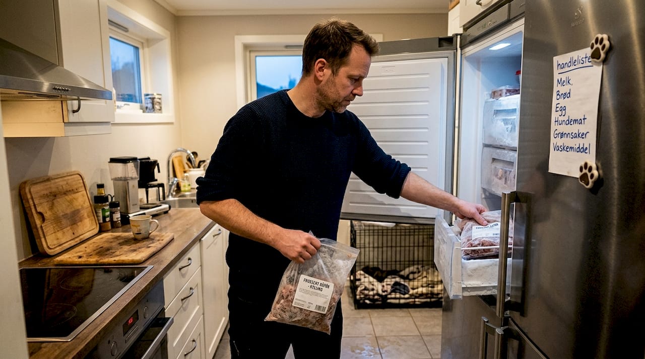 Eieren tar opp frossent råfôr fra fryseren og pakker det ut.