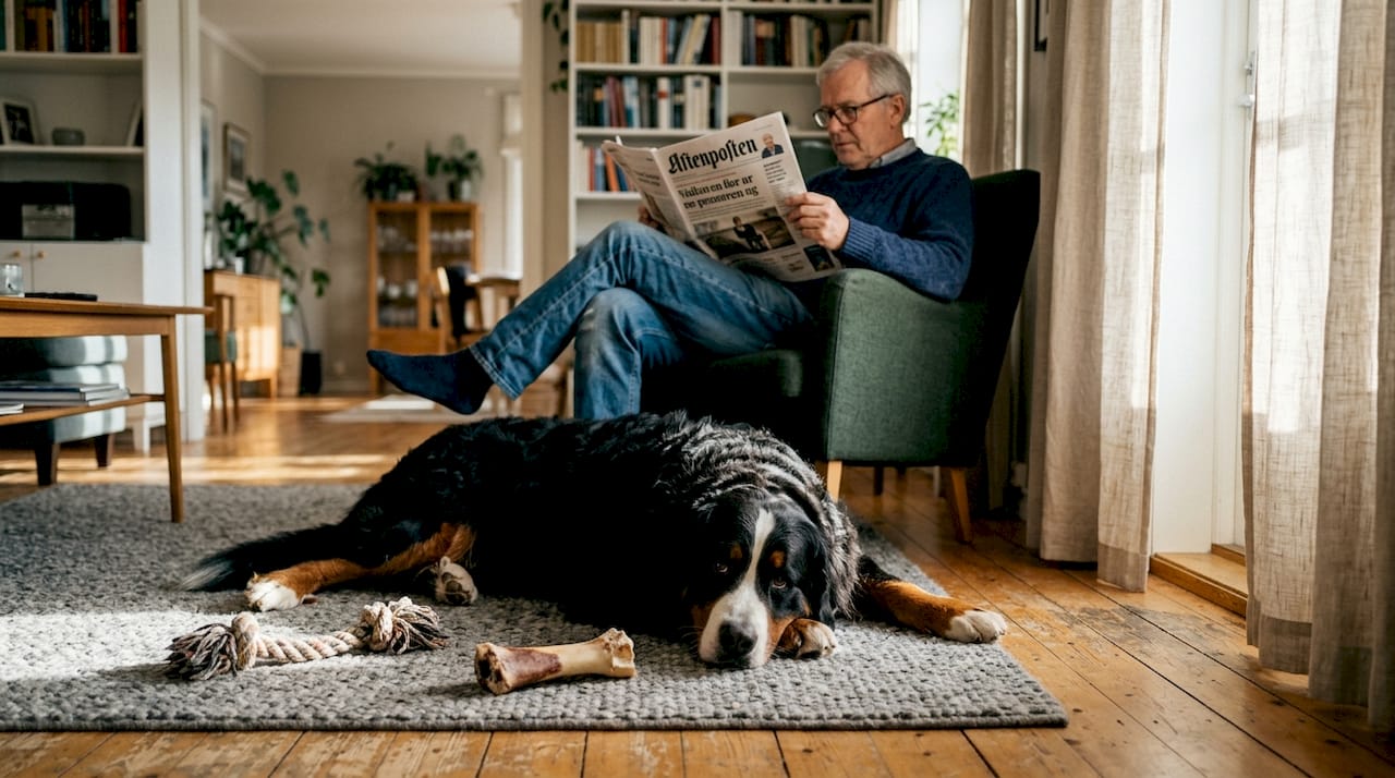 En bernersennen ligger og slapper av i solskinnet på stuegulvet.