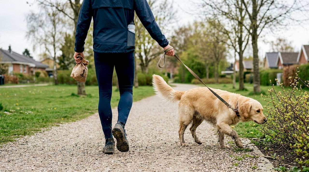 En mand lufter sin hund i den lokale park.