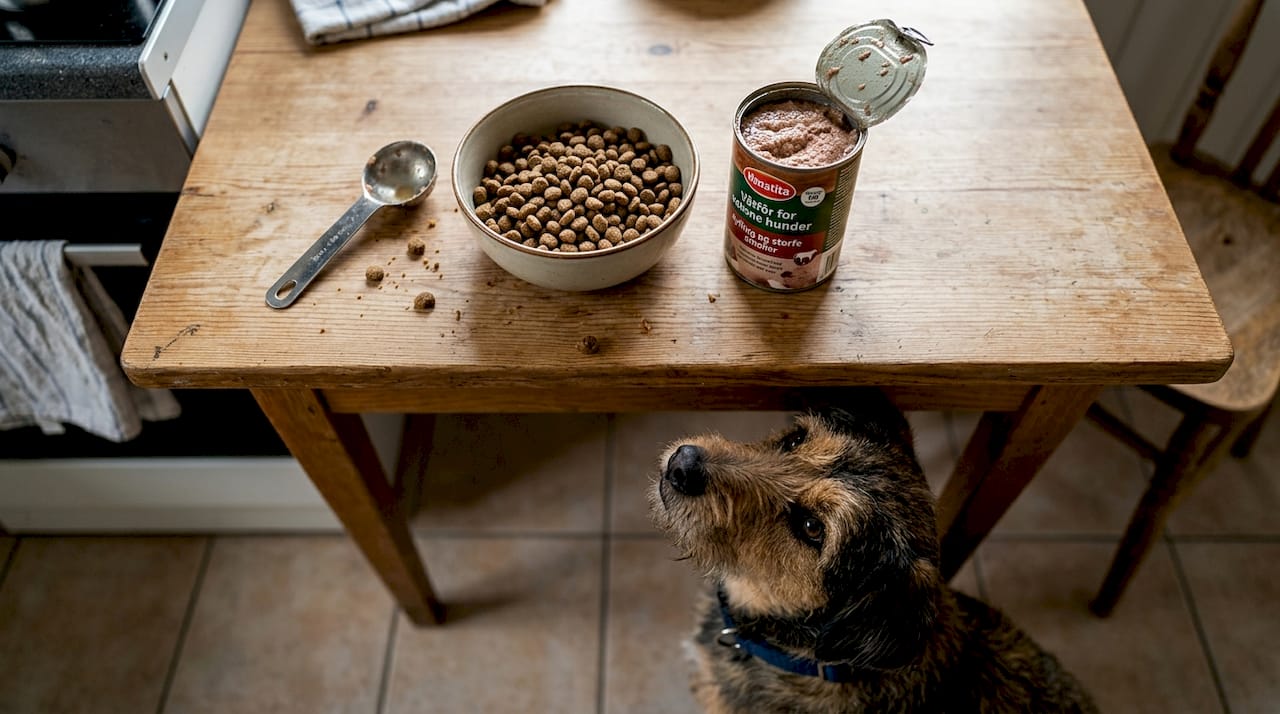 En hund som sitter ved kjøkkenbordet omgitt av ulike typer hundemat.