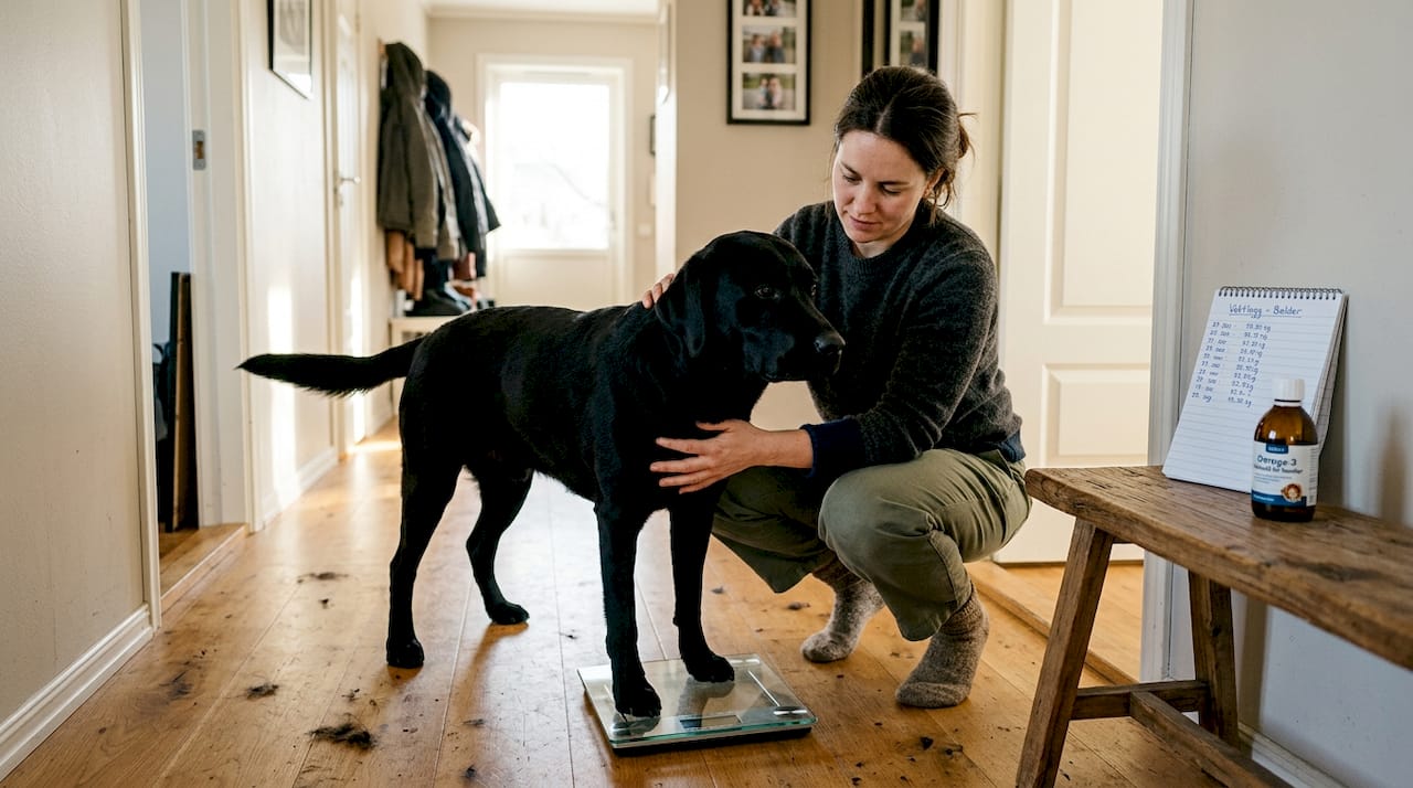 Eier veier hunden for å finne riktig dosering av tilskuddet.