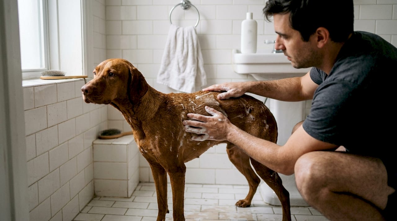 En mand er i gang med at vaske sin hund med en allergivenlig shampoo.