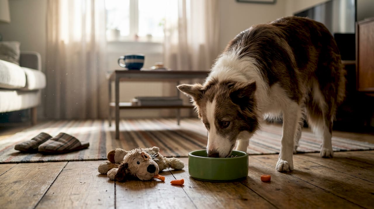 En border collie står og spiser hundemat fra matskålen sin.