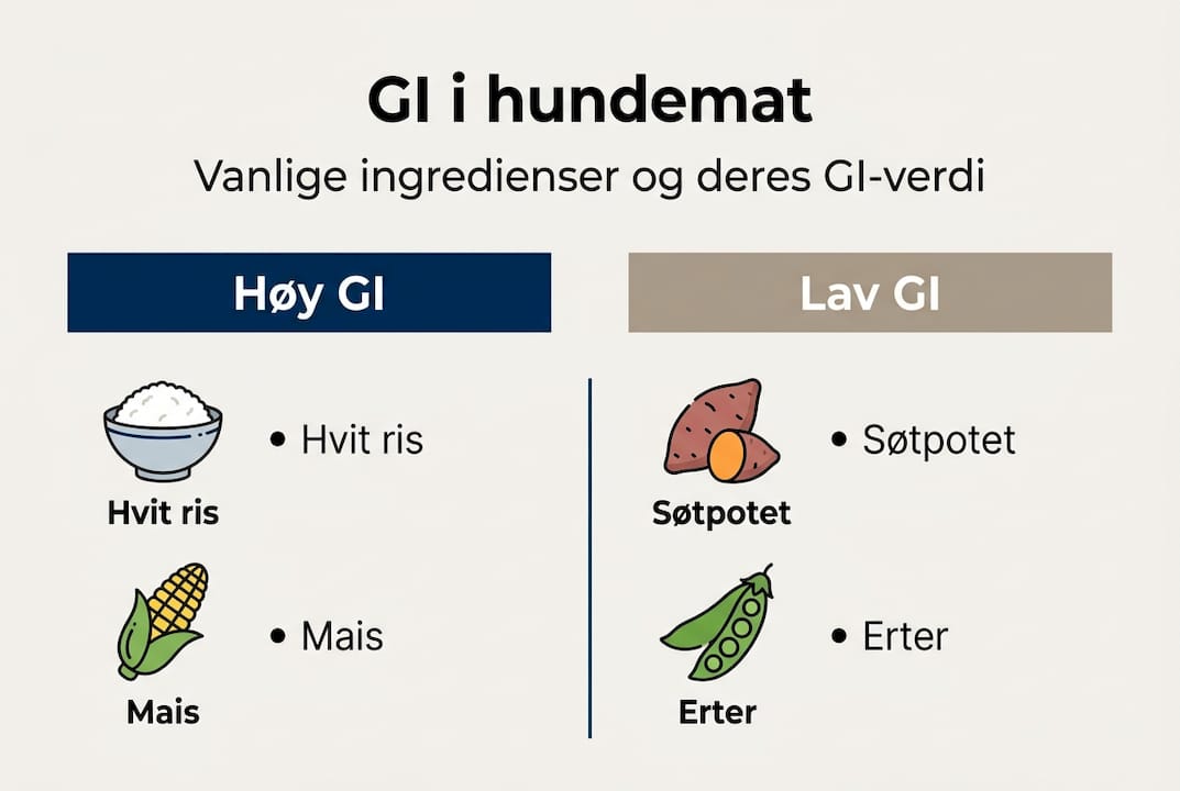 Oversiktsgrafikk: GI-indeks for ulike ingredienser i hundemat