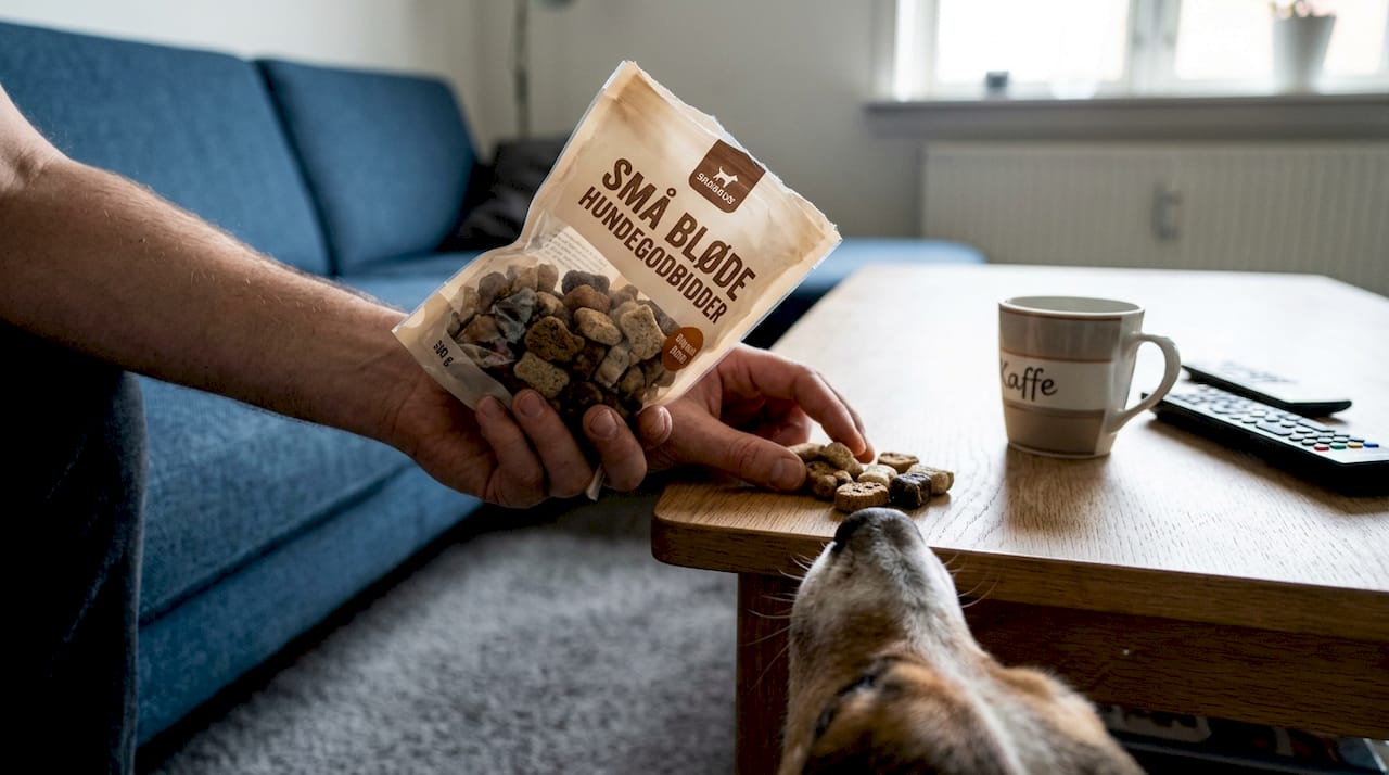 En hånd med små hundesnacks i stuen