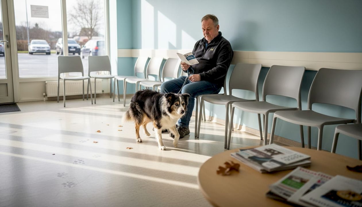 En hund og eieren sitter på venterommet hos veterinæren – hunden har fått mageproblemer.