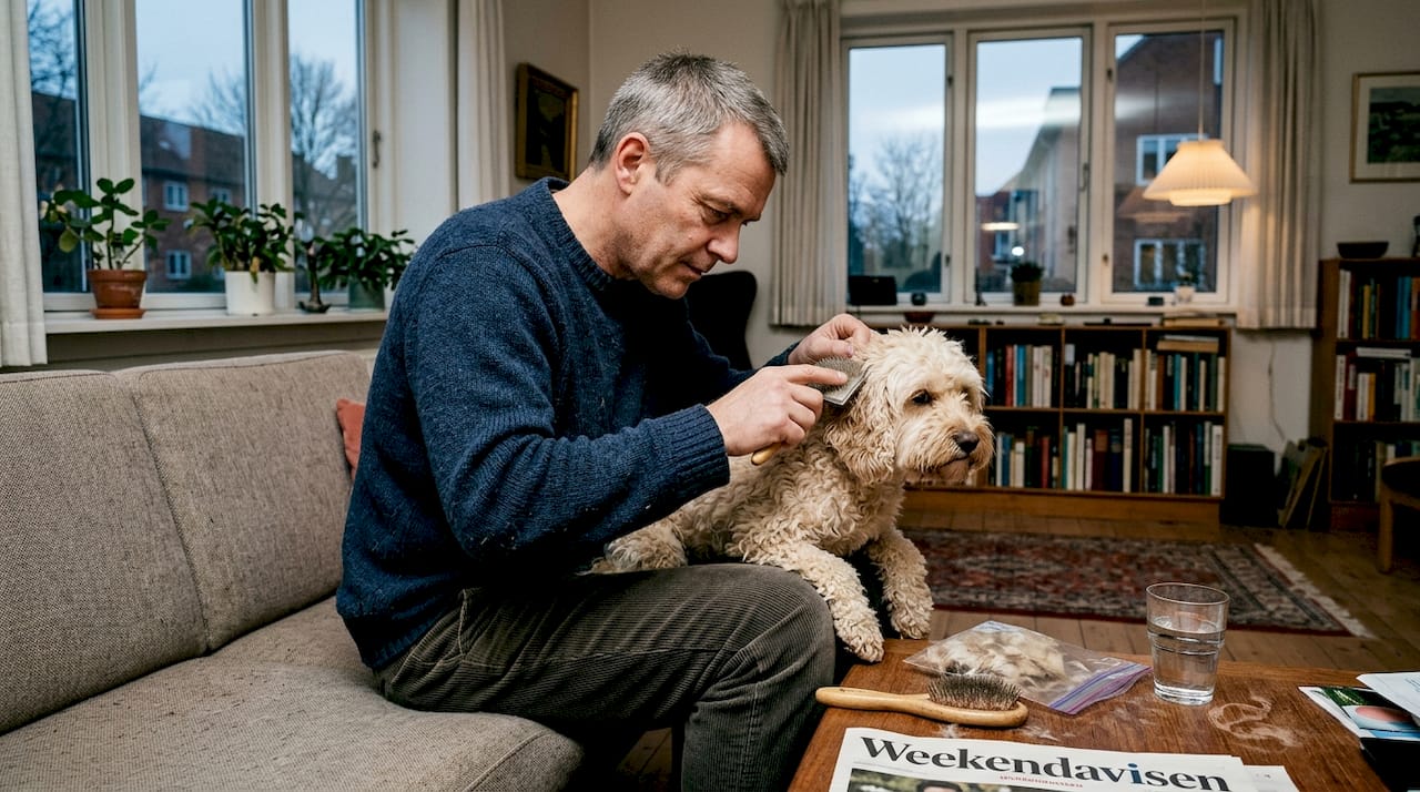 Mand kæmper med at få hundens pels ud af filteret