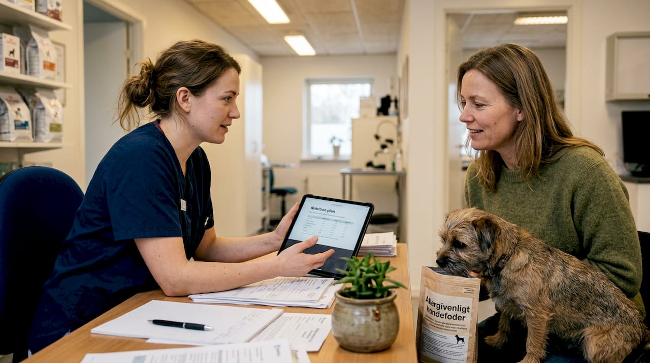 Dyrlægen giver gode råd om hundens kost til ejeren