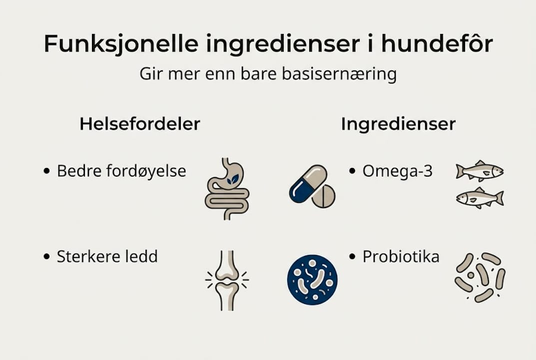 Infografikk som viser hva hundemat inneholder og hvordan det påvirker helsen til hunden din