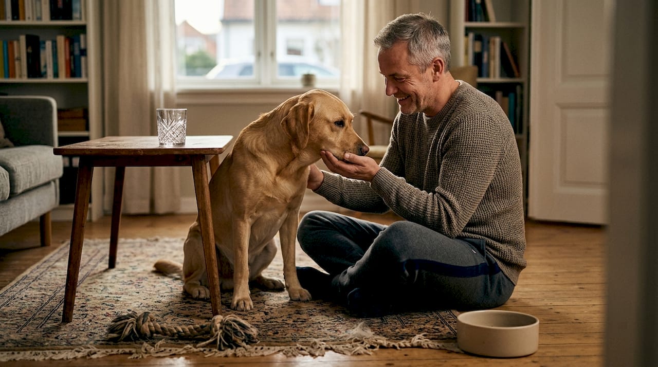 Hunden får kos og oppmerksomhet av eieren mens de spiser.