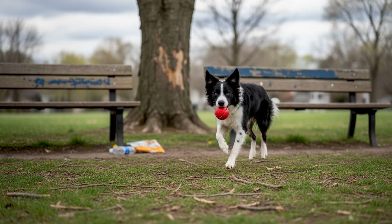 En livlig border collie springer rundt og leker i parken.