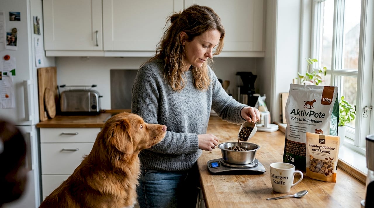 En kvinde står i køkkenet og vejer foder af til sin hund.
