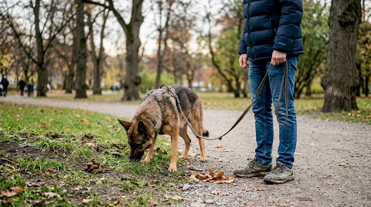 Hund og eier tar en nærmere titt på bæsjen under turen i parken