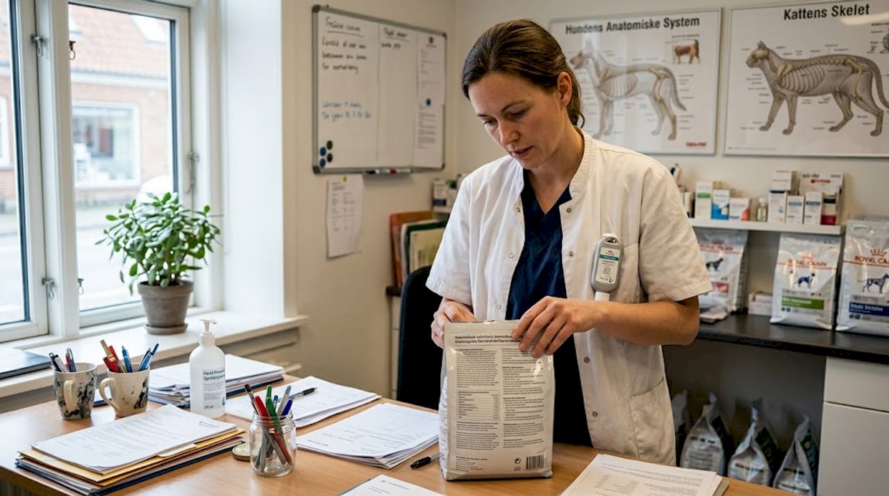 En dyrlæge vurderer og analyserer hundefoderet fra et veterinært perspektiv