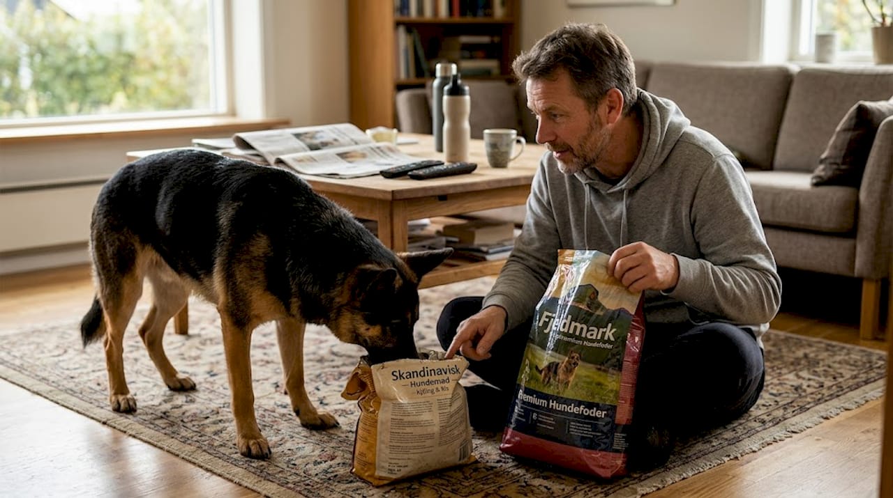 En mand står sammen med sin hund og kigger på en pose hundemad.