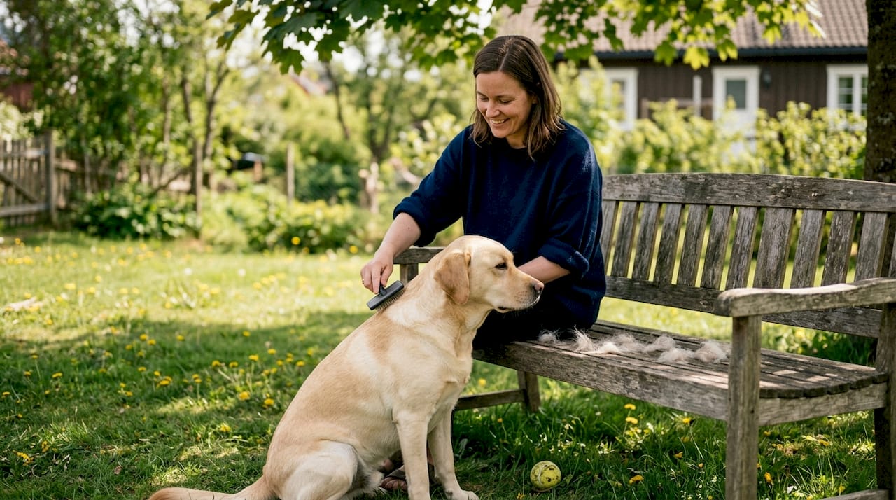 Eieren steller hunden og børster gjennom den blanke, sunne pelsen.
