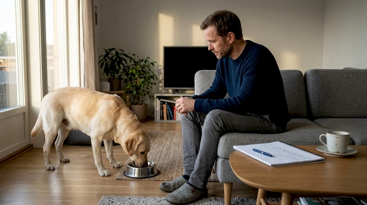 Hunden får maten sin i stua mens vi følger med.
