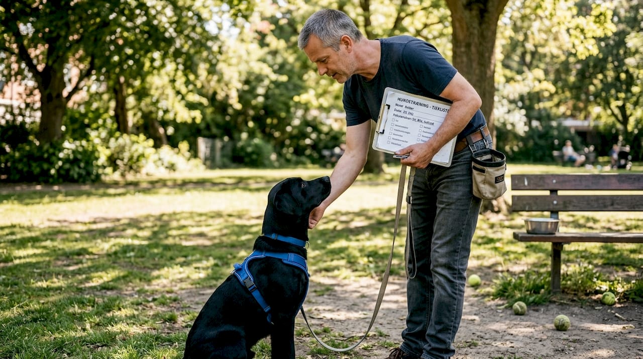 En mand træner sin hund udendørs og bruger en tjekliste for at holde styr på øvelserne.