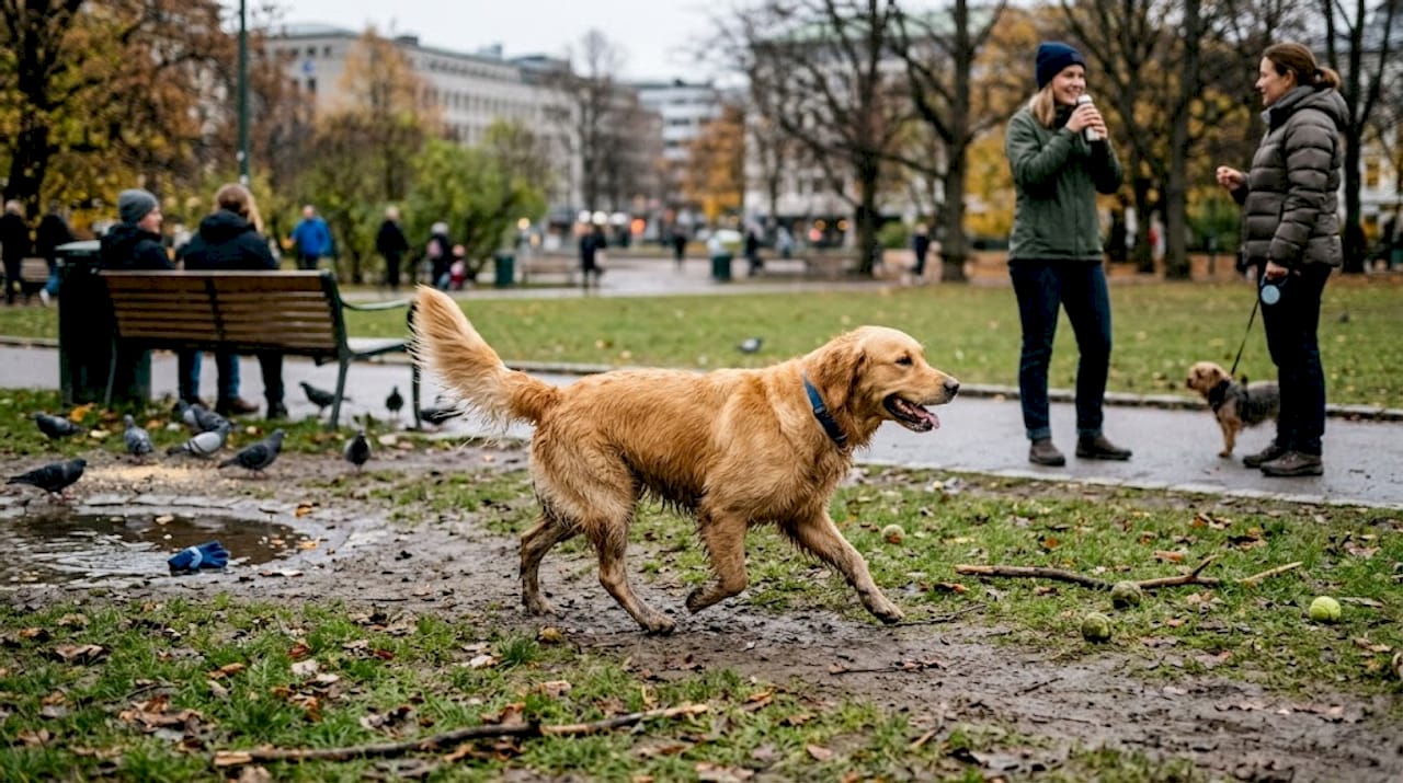 En livlig hund som leker og løper rundt ute i parken.