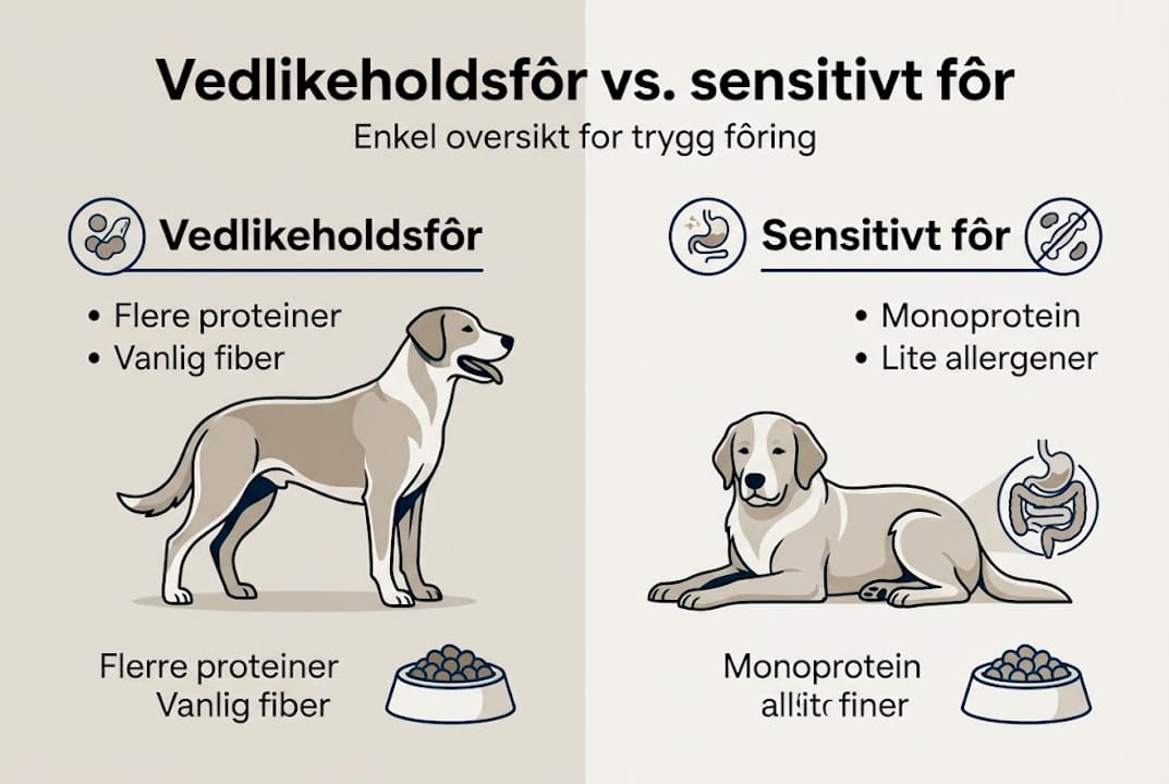 Infografikk: Forskjeller mellom vedlikeholdsfôr og fôr for sensitiv mage