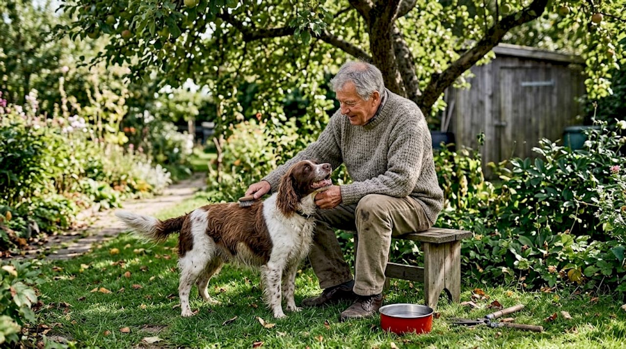 En mand sidder ude i haven og børster sin hund, mens han rigtig nyder det gode vejr.