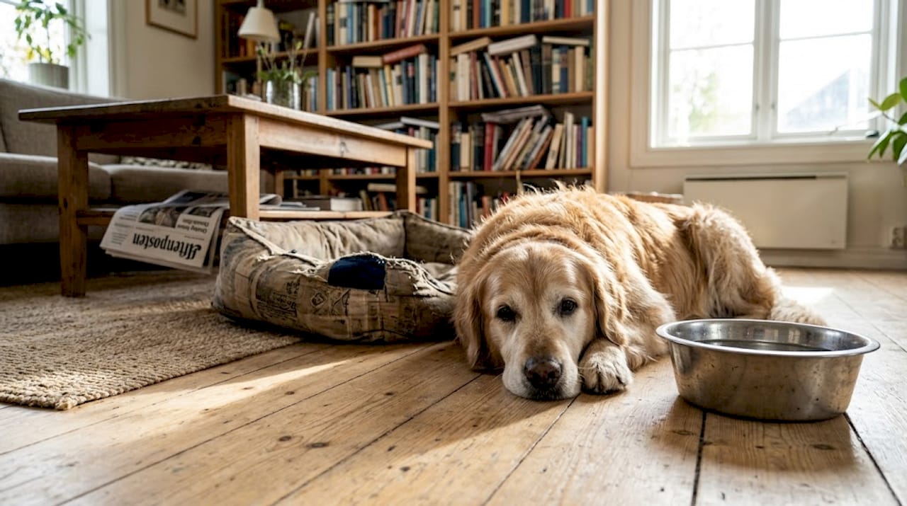 Etter et godt måltid ligger hunden og koser seg i sola i stua.