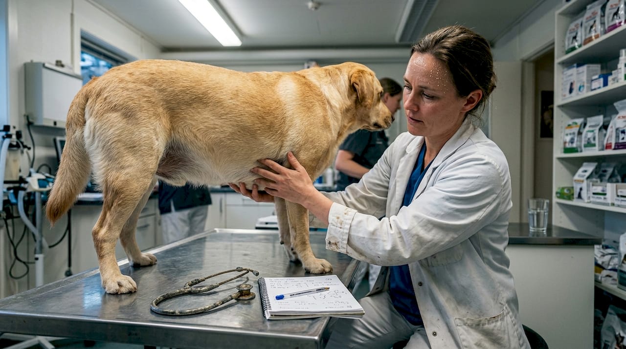 Hos dyrlægen bliver en hund med overvægt grundigt tjekket