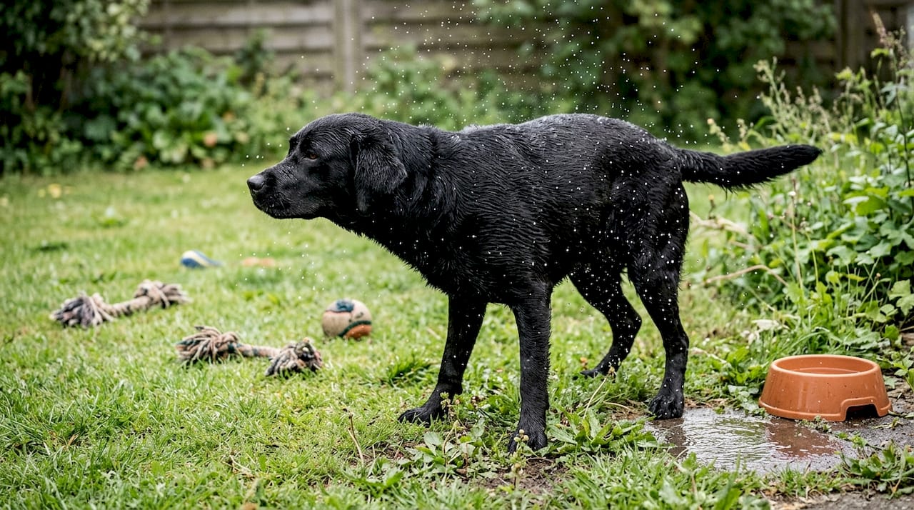 En labrador med skinnende pels leger ude i haven