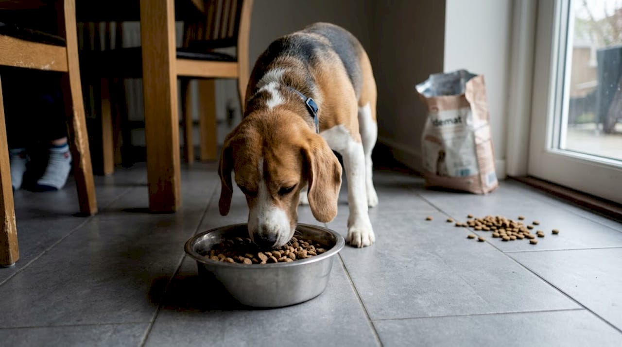 Hunden står på kjøkkenet og spiser tørrfôr fra matskålen sin.