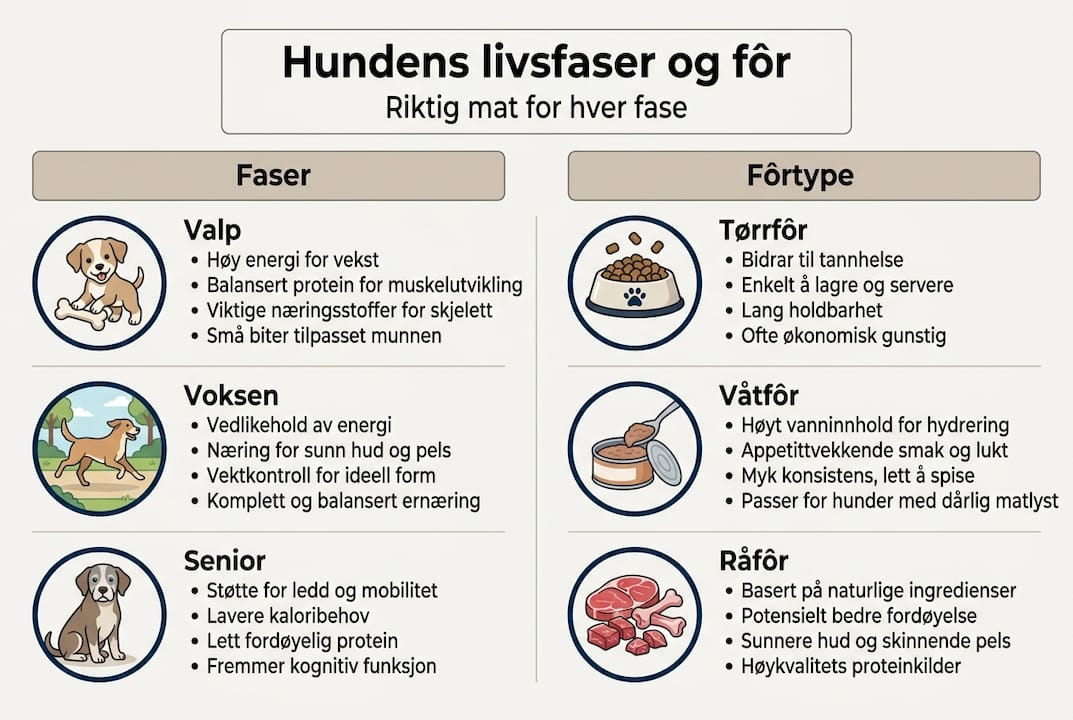 Illustrasjon som viser hundens ulike livsfaser og anbefalt type fôr for hver fase