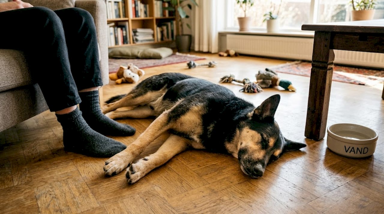 En hund med tør næse leger med sit legetøj på gulvet.
