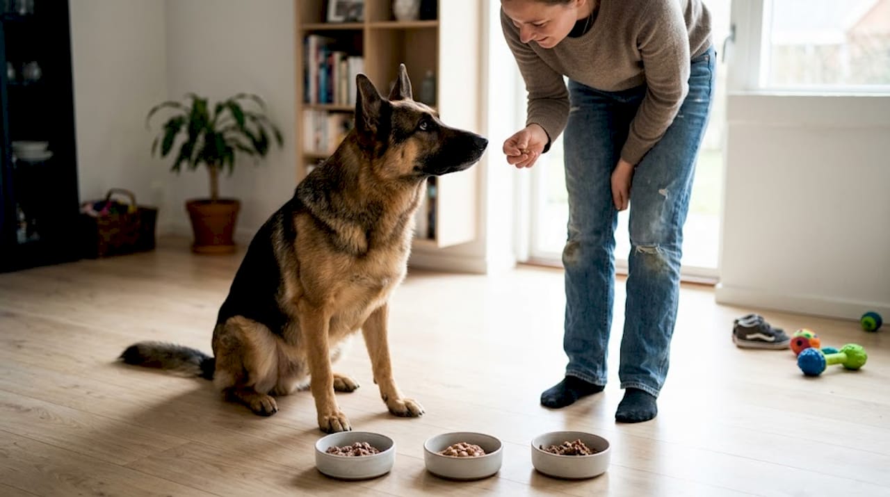 Hunden får små måltider serveret derhjemme.