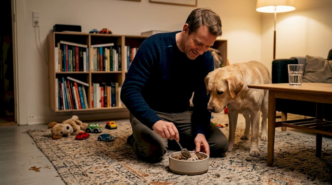 En mann blander glutenfri mat inn i hundens fôr