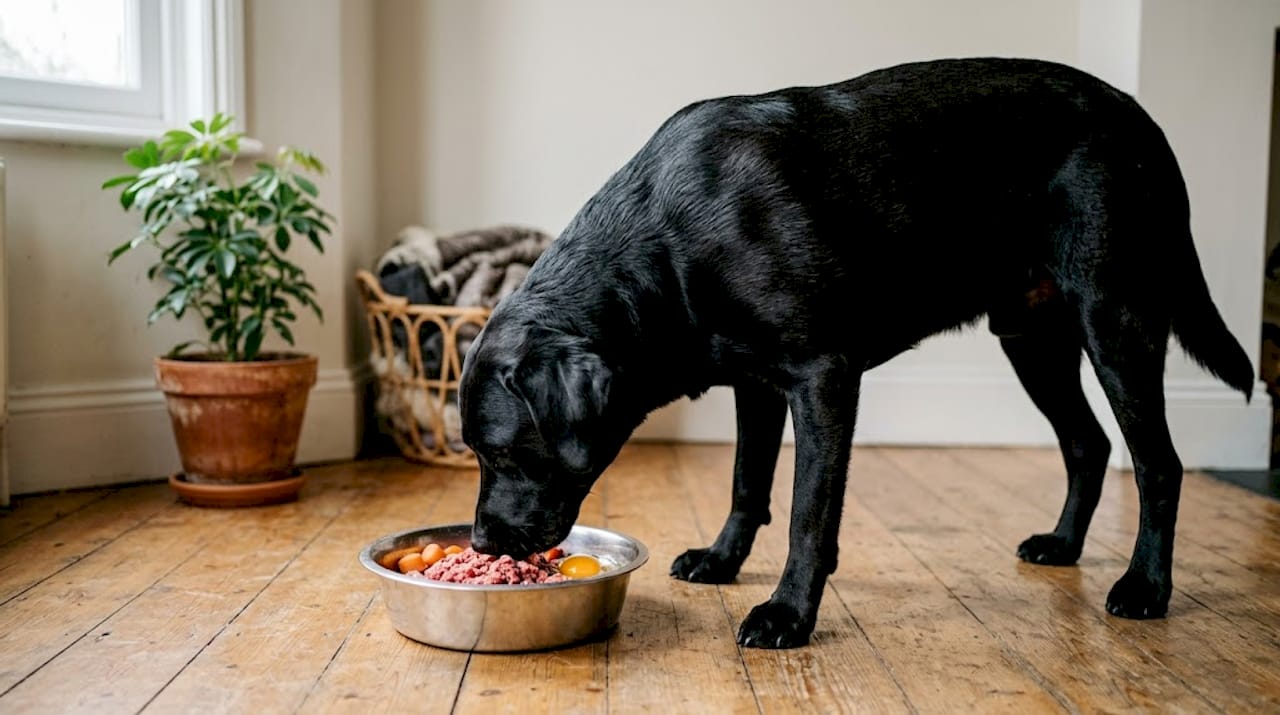 En labrador nyder sit friskfoder i stuen.